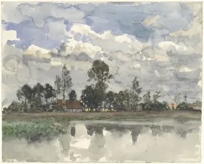 Bomen Zich Spiegelend In Het Water Bij Een Bewolkte Lucht