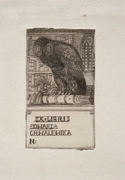 Bookplate Of Edward Chwalewik With An Owl In A Library