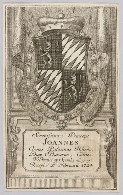 Bookplate Serenissimus Princeps Joannes Comes Palatinus Rheni Dux Bavariae Comes Veldentiae Et Sponhemii Receptus 2 Da Februarii 1724