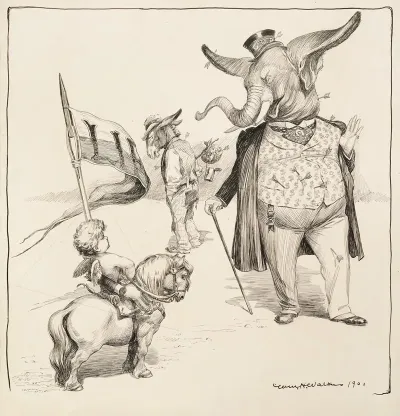 Both The Wealthy Republican Party Elephant And Poor Democratic Party Donkey Have Been Struck By Several Arrows From A Cherub