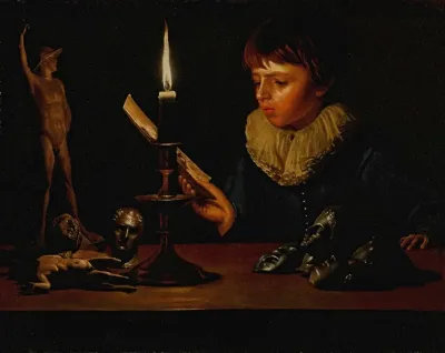 Boy Behind A Table With Statuettes Reading By Candlelight