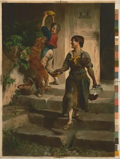 Boy Descending Stairs Looking Over His Shoulder At Boy And Dog