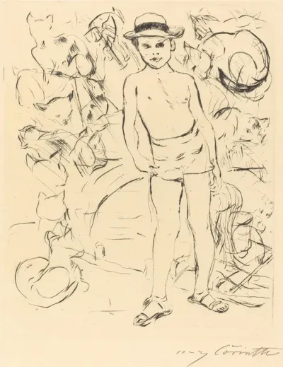 Boy Wearing Bathing Trunks And Straw Hat Knabe Mit Badehose Und Strohhut
