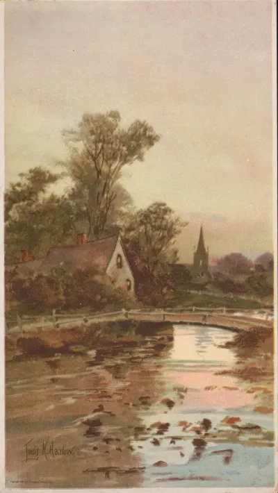 Bridge Over A Stream With A Cottage And A Church In The Background