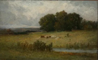 Bright Scene Of Cattle Near Stream