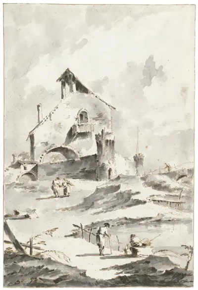 Capricci Of Houses With Figures By Water