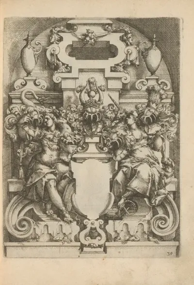 Cartouche Flanked By Two Women A Unicorn And A Swan