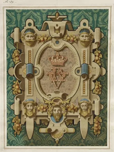 Cartouche Neo Renaissance A Cuirs Et Mascarons Monogramme Vr Surmonte Dune Couronne Royale