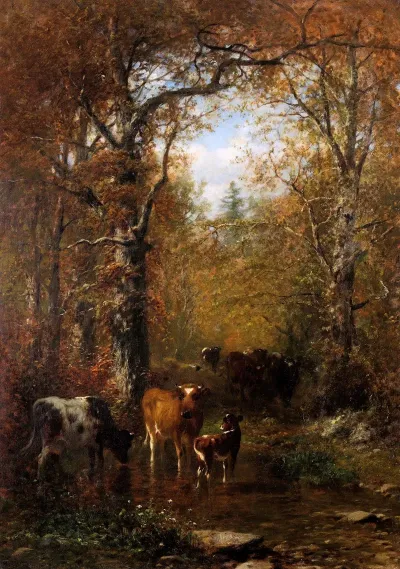 Cattle By A Stream In A Wooded Landscape