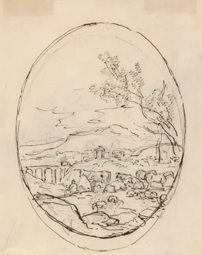 Cattle In A Field With Mountains And Bridge In Background