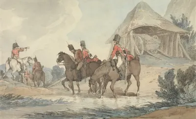 Cavalrymen Passing Through A Stream Being Mustered By A Trumpeter
