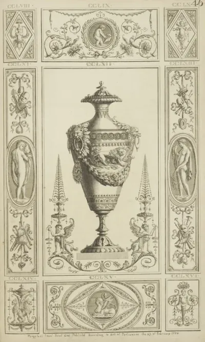 Central Design Of Urn With Designs Of Lions And Garlands