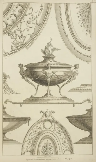 Central Design Of Urn With Designs Of Womens Torsos And Cherub And Eagle On The Lid