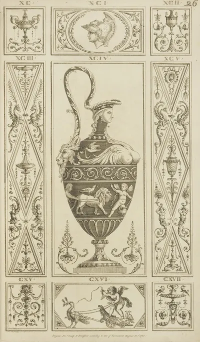 Central Design Of Urn With Scene Of Cherubs And Lion Lion Head On Handle Mans Head On Lid
