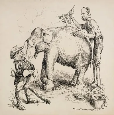 Charles Fairbanks Washes The Republican Party Elephant For Theodore Roosevelt Who Prepares To Ride It