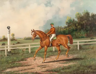 Chestnut Racehorse With Jockey Up On A Training Track With A Wooded Landscape Beyond
