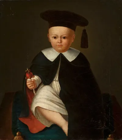 Child In A Cap And A Gown With A Rattle In Hand
