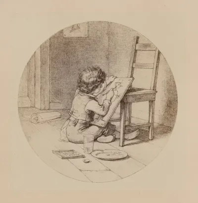 Child Seated On Floor Drawing And Using Chair As An Easel