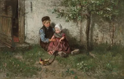 Children Playing With A Toy Wagon