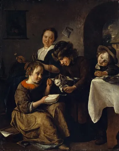 Children Teaching A Cat To Read