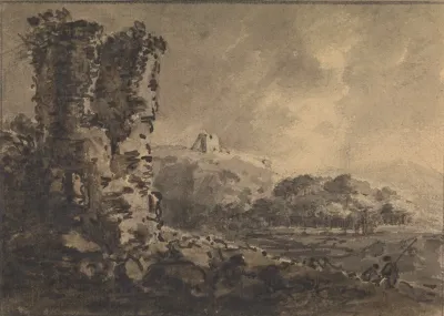 Classical Landscape With Ruin On Left Two Figures On Right