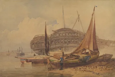 Coastal Scene With Beached Boats In Foreground