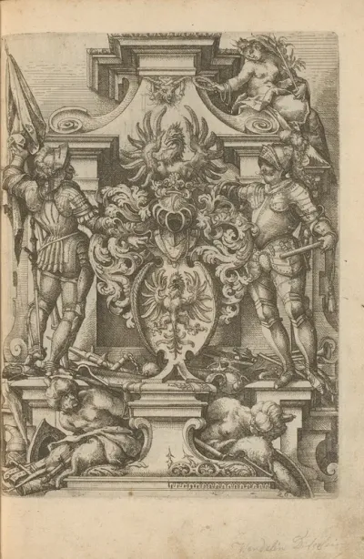 Coat Of Arms On A Pedestal Flanked By Two Soldiers And The Personification Of Victory Victoria