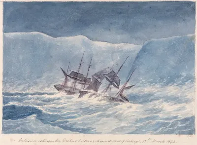 Collision Between The Erebus Terrror To Windward Of Icebergs 13th March 1842