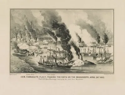 Com Farraguts Fleet Passing The Forts On The Mississippi April 24th 1862 The U S Frigate Mississippi Destroying The Rebel Ram Manassas