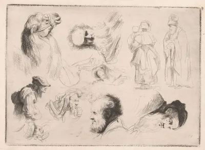 Compositie Met Hoofden Van Verschillende Mannen En Een Kameel En Twee Staande Figuren