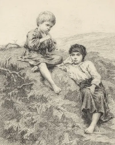 Country Children Drawing For The Painting The Idyll