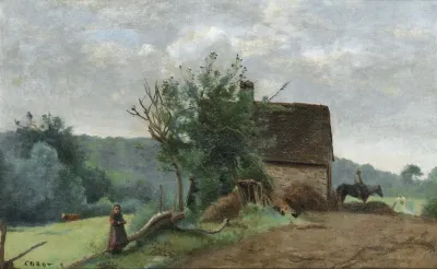 Cour De Ferme Avec Un Cavalier Et Une Petite Fille Au Premier Plan