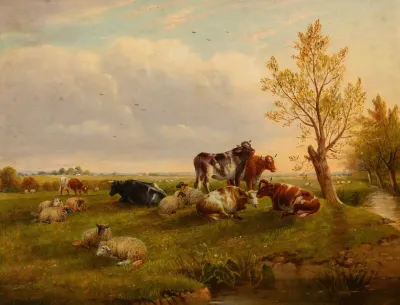 Cows And Sheep Resting Beside A Stream