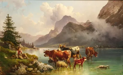 Cows By A Pond With Shepherds