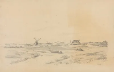 Coxyde Vue De La Campagne Avec Moulins Et Village A Lhorizon