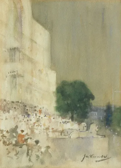 Crowds Outside Building With Recumbent Lion Statues