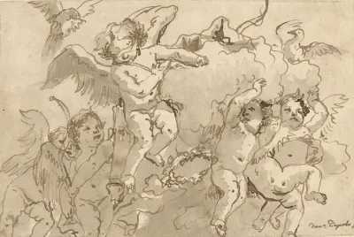 Cupid Blindfolded In The Clouds With Five Attendant Putti
