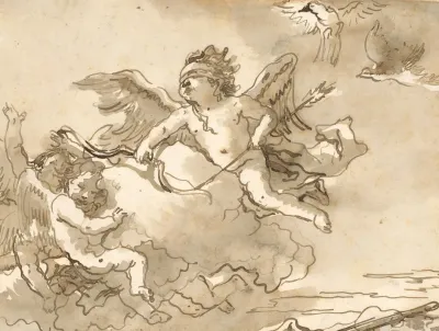 Cupid Blindfolded On A Cloud Supported By Two Attendant Putti