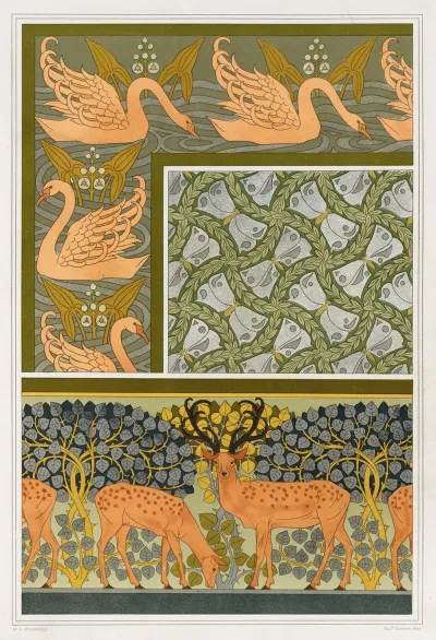 Cygnes Et Sagittaire Bordure Pappillons Et Feuillages Etoffe Cerfs Et Biches Frise