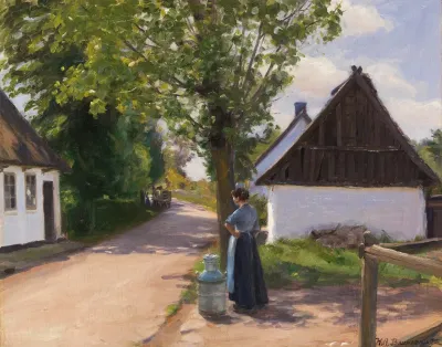 Danische Dorfstrase Mit Bauerin Und Milchmann