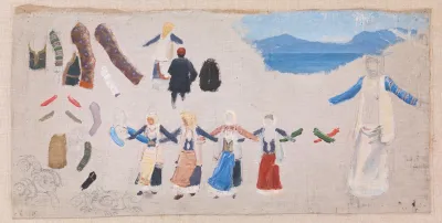 Dansende Kvinder Dragtdetailler Og Et Landskab
