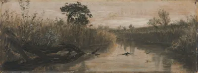 De Hoje Ror Med De Svaje Blode Duske Og De Siv Og De Krogede Ellestammer Og Buskene Langs Aaen