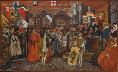 De Nieuwe Handelsbeurs Voor Alle Kooplieden Door De Wethouders Ingehuldigd Met Aanspraak Door Den Stadspensionaris In 1532