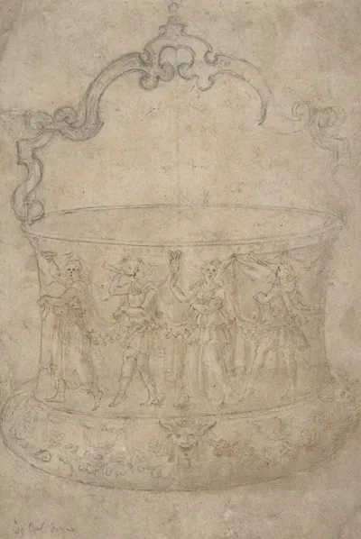 Design For A Bucket Like Vessel With A Handle Of Strapwork On A Body Adorned With Dancing And Music Making Antique Style Figures