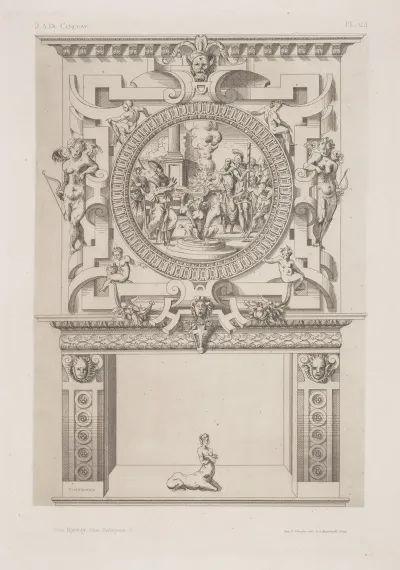 Design For A Chimney Piece With Roundel Of Group Surrounding A Fire Possibly A Religious Ceremony