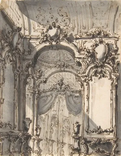 Design For A Stage Set Interior Of A Palazzo Decorated With Large Mirrors And Console Tables