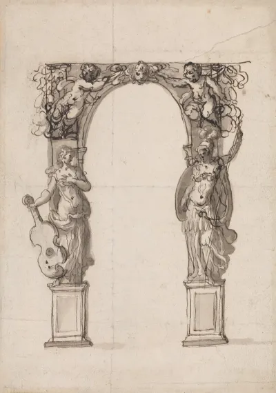 Design For A Temporary Arch Ornamented With Putti And Allegorical Figures Of Music And War