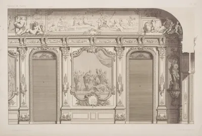 Design For An Interior Wall With Two Arched Doorways And Wall Panel Depicting A Group Of Women