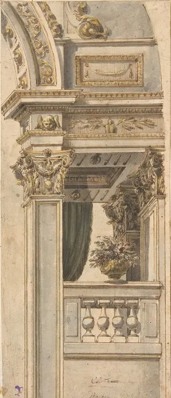 Design For Part Of A Wall Elevation With A Balcony Flanking An Arch