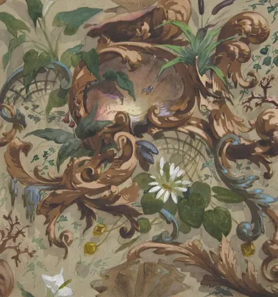 Design For Wallpaper Featuring Shells Waterlilies And Cattails